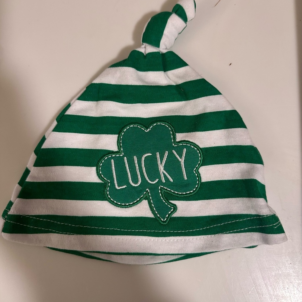 Green White Striped Lucky Tie Knot Baby Beanie Hat St Patricks Day 0-6 months